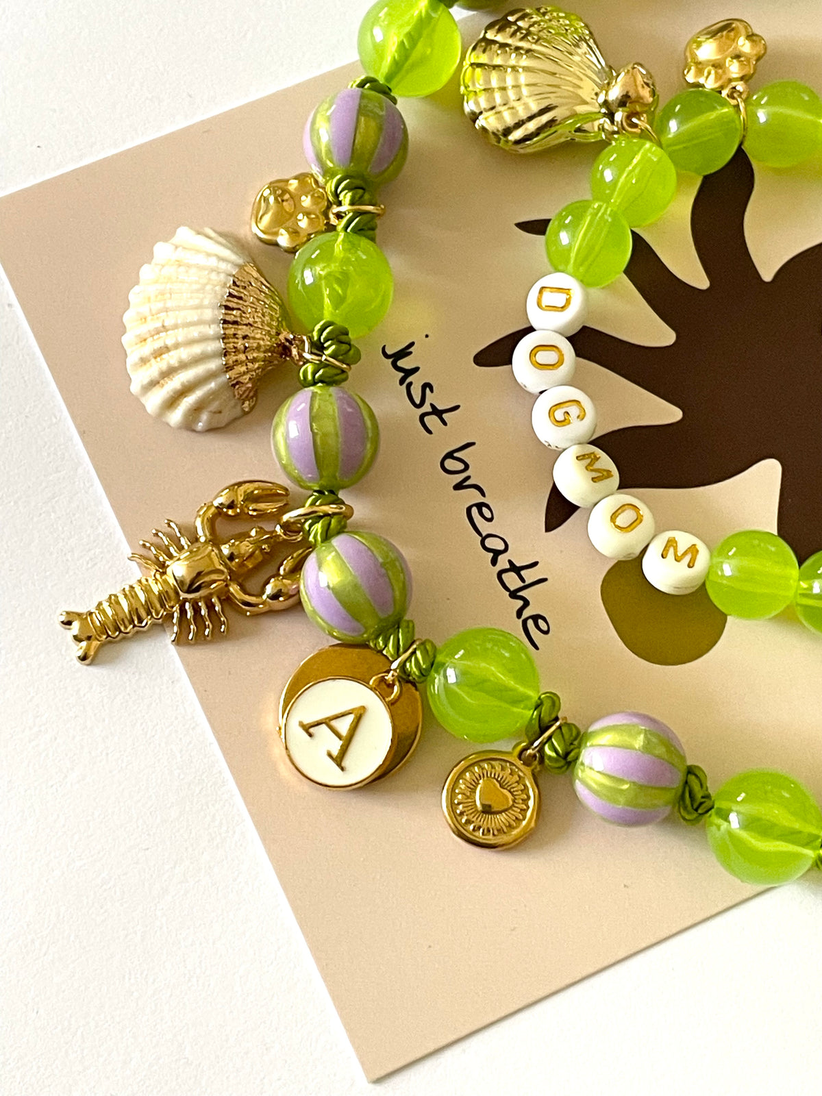 1B/ Collier & Bracelet MATCHY MATCHY LOULOU GOLD LOBSTER 🦞💚💜✨🤩😘🐶🐾🐚 Green & purple stripes