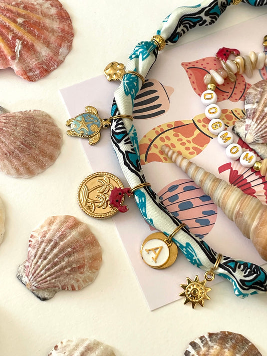 1B/ MATCHY MATCHY Collier bandana foulard & bracelet coquillages 🐚 🦀 PASTEL SUMMER LOVE PALMS 🦀🩵🖤🪸🐶🐚🌴🐢🤩