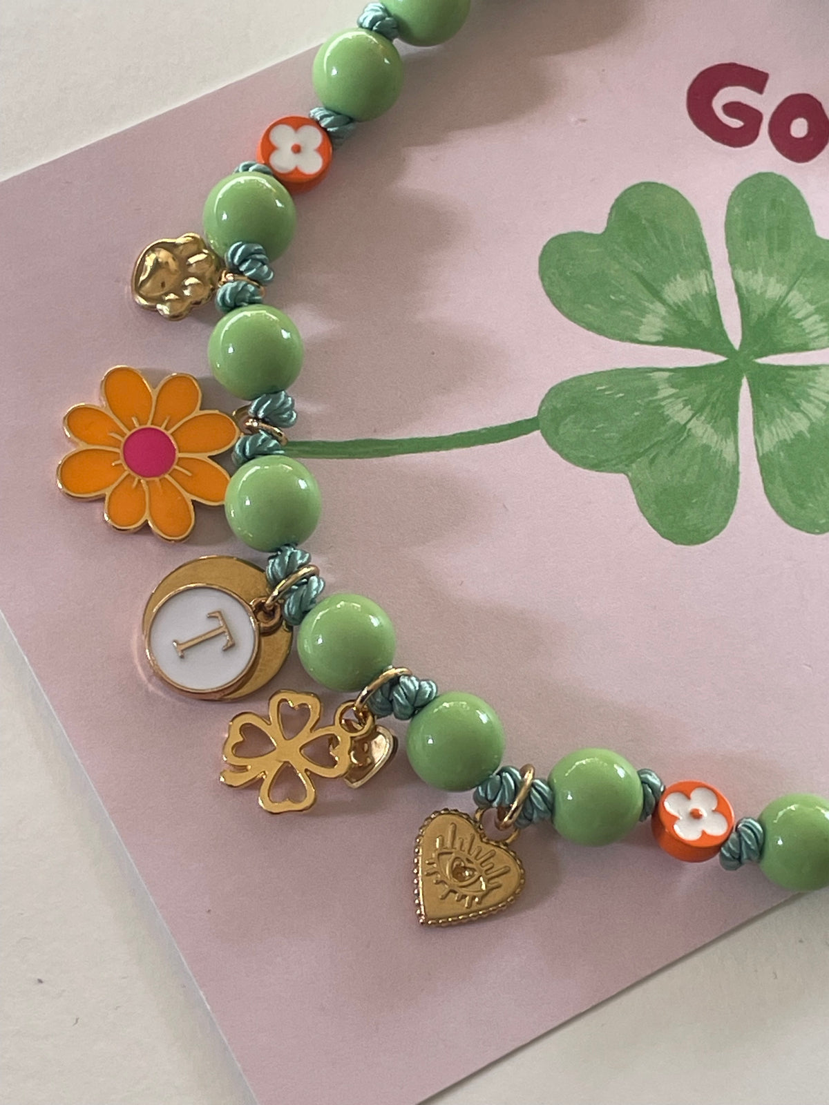 1C/ Collier PASTEL LOVE GREEN CLOVER FLOWER orange 🍀🧡🌺🥰💚🐶