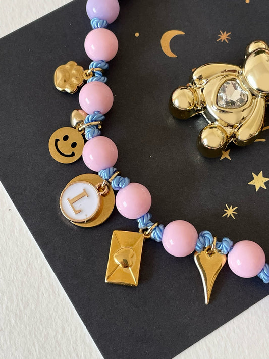 1C/ Collier LOVE LETTER LILAS X PASTEL PINK & CHARMS 💌🧸💜🩷💜🩷💜✨🙂