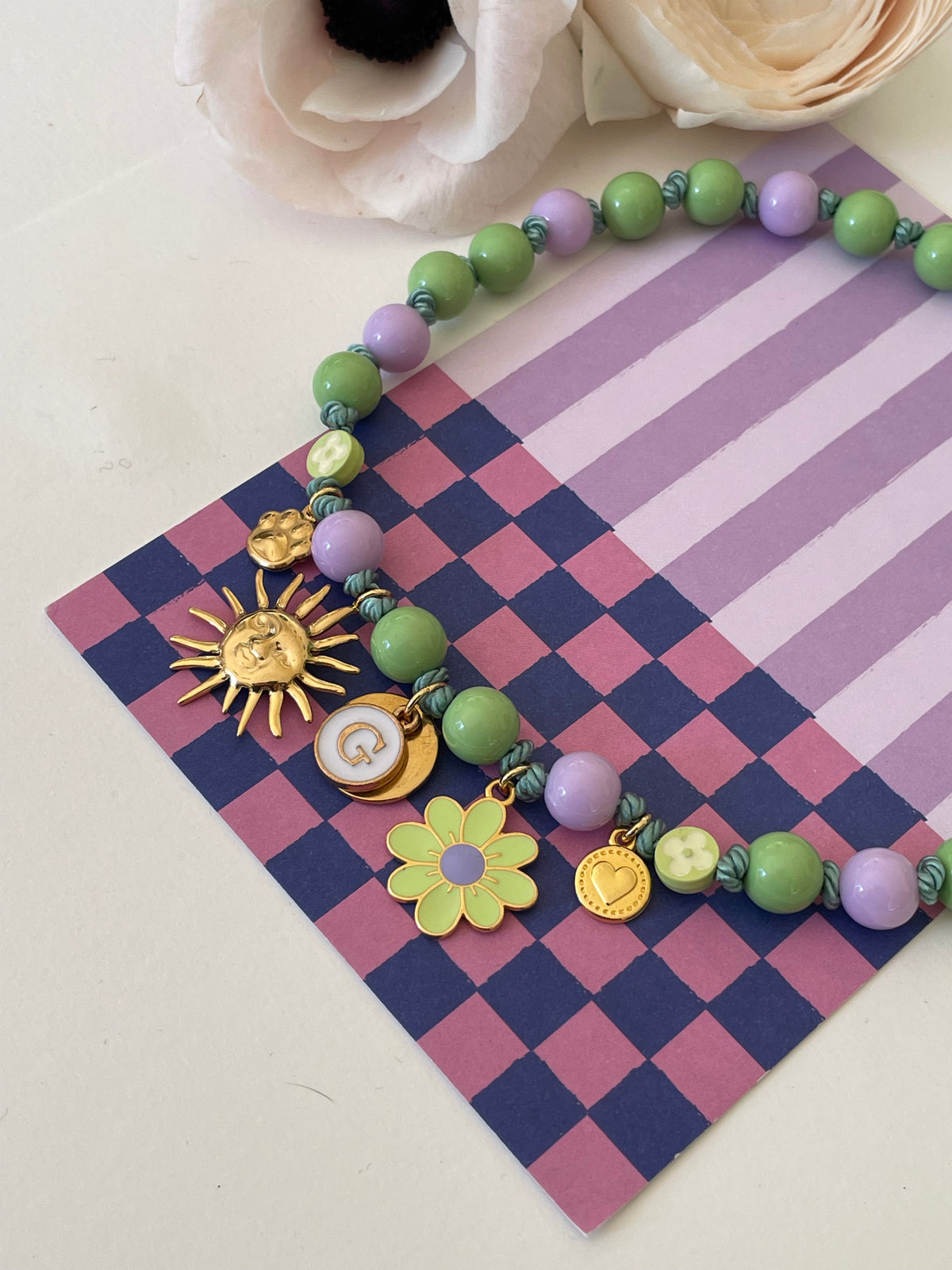 1B/ Collier PASTEL GREEN LILAS FLOWER bicolor 🐶🌺🌞🐾💜💚💜🤍😍