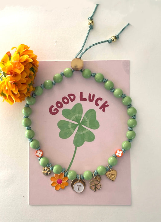 1C/ Collier PASTEL LOVE GREEN CLOVER FLOWER orange 🍀🧡🌺🥰💚🐶