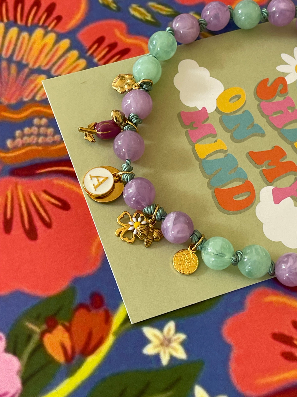 1B/ Collier HELLO SPRING TULIP  PASTEL LILAS GREEN multicolore 🌷💜💚💜🫶🏻🥰🐝🍀🌺🌸