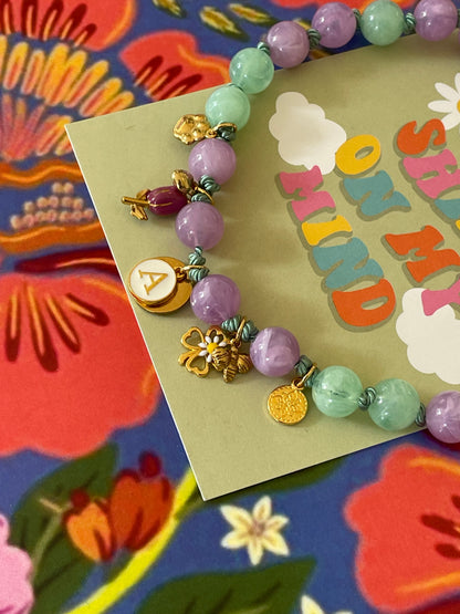 1B/ Collier HELLO SPRING TULIP  PASTEL LILAS GREEN multicolore 🌷💜💚💜🫶🏻🥰🐝🍀🌺🌸