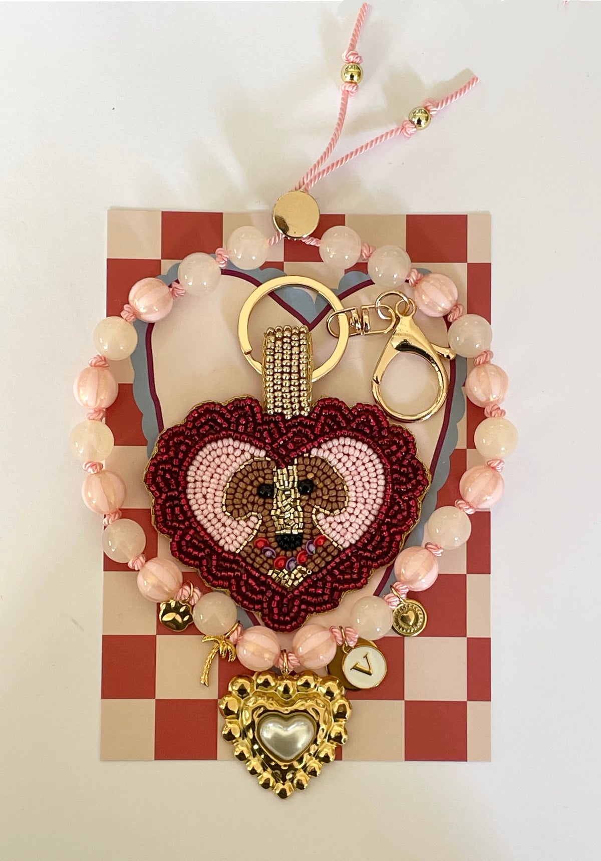 1B/ Collier LOULOU GOLD HEART WHITE PINK STRIPES  🥰🔥💖🤩🐶🐾 & Porte-clés LOVE LOULOU 🥰