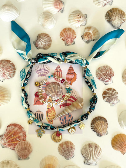 1B/ MATCHY MATCHY Collier bandana foulard & bracelet coquillages 🐚 🦀 PASTEL SUMMER LOVE PALMS 🦀🩵🖤🪸🐶🐚🌴🐢🤩