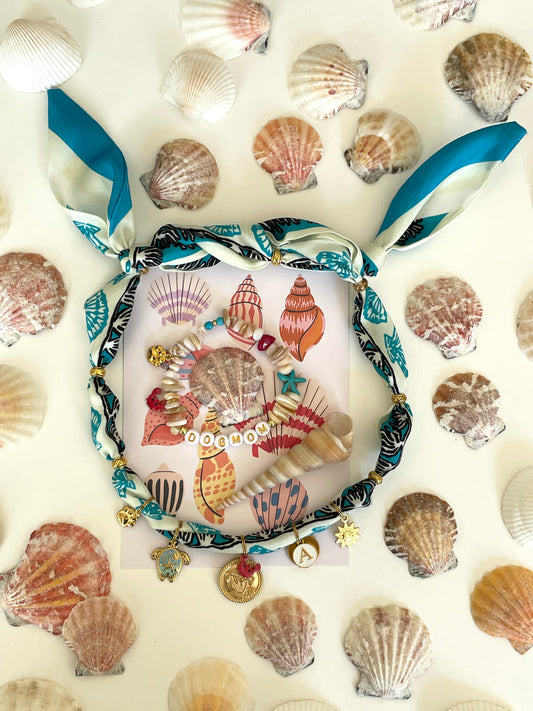1B/ MATCHY MATCHY Collier bandana foulard & bracelet coquillages 🐚 🦀 PASTEL SUMMER LOVE PALMS 🦀🩵🖤🪸🐶🐚🌴🐢🤩