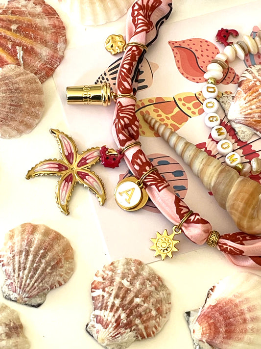 1B/ MATCHY MATCHY Collier bandana foulard & Bracelet 🦀♥️ PASTEL SUMMER LOVE PINK STARFISH Coffee 🪸♥️🩷🤩☀️🌊🐶🤗