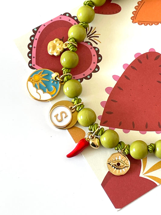 1C/ Collier PORTE-BONHEUR LOULOU GREEN OLIVE 🌞🌛🐶🥰💚👁️🌶️