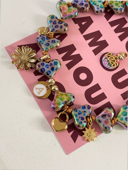 1C/ Collier LOVE LEO HEART BRIGHT FLOWER 🐆🤎✨💘🌸😍 également pour DOGMOM ❤️